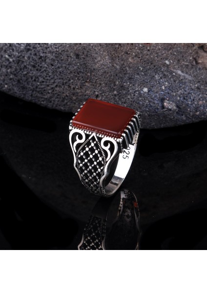 925 Ayar Gümüş Akik Taşlı Motif Desenli Model Yüzük modelleri