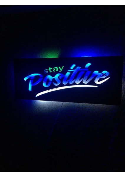 Stay Positive LED Işıklı Ahşap Tablo 50X21CM