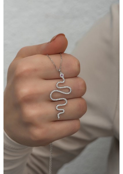 925 Ayar Gümüş Rodyumlu Zirkon Taşlı Yılan Kolye