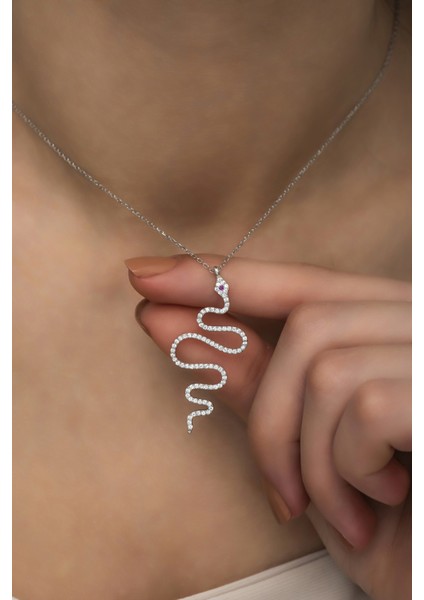 925 Ayar Gümüş Rodyumlu Zirkon Taşlı Yılan Kolye modelleri