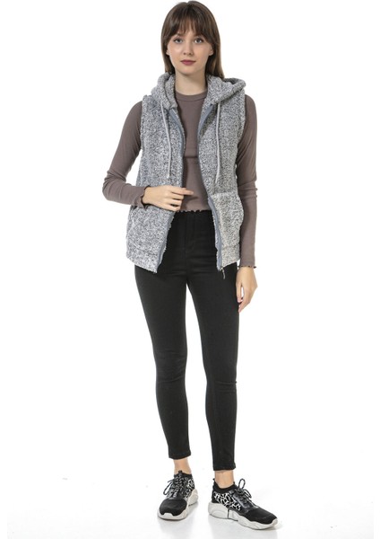 Kadın Gri Kapşonlu Kolsuz Peluş Yelek fiyatları