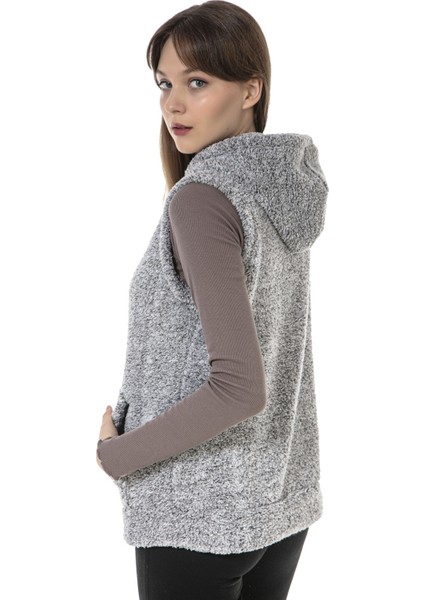 Kadın Gri Kapşonlu Kolsuz Peluş Yelek modelleri