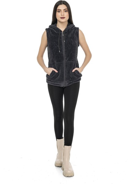 Kadın Antrasit Kapşonlu Kolsuz Peluş Yelek fiyatları