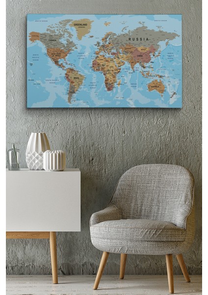 Dünya Haritası Kanvas Tablo Çok Ayrıntılı Dekoratif ve Okyanuslu 2183