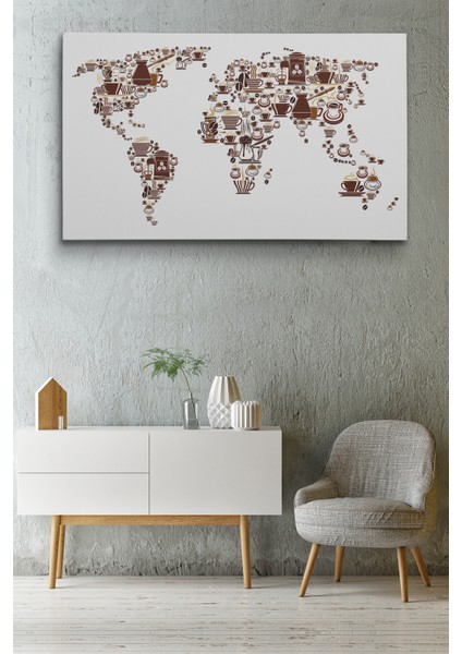 Kahve Coffee Temalı Dünya Haritası Dekoratif Kanvas Tablo 1087