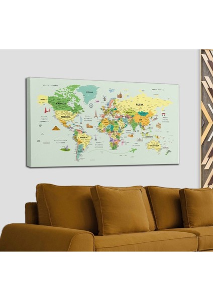 Türkçe Dünya Haritası Çok Detaylı Ünlü Yerler Sembollü Kanvas Tablo 1741