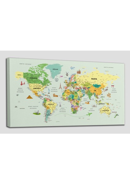 Türkçe Dünya Haritası Çok Detaylı Ünlü Yerler Sembollü Kanvas Tablo 1741 fiyatları