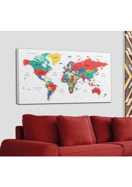 Türkçe Dünya Haritası Dekoratif Kanvas Tablo Son Derece Detaylı 1627