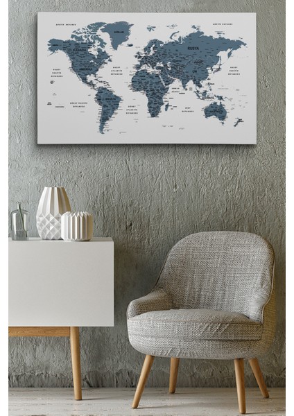 Türkçe Dünya Haritası Dekoratif Kanvas Tablo Son Derece Detaylı 1615