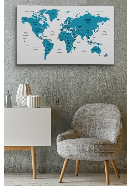 Türkçe Dünya Haritası Dekoratif Kanvas Tablo Ülke ve Başkentli 1502