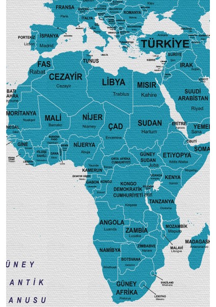 Türkçe Dünya Haritası Dekoratif Kanvas Tablo Ülke ve Başkentli 1502 modelleri