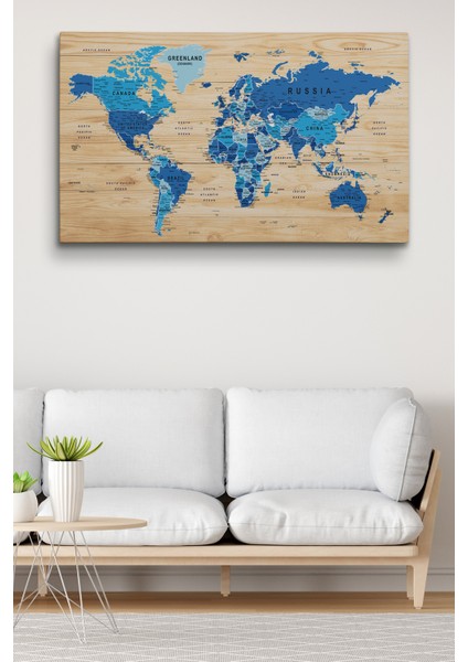 Ahşap Görünümlü Dünya Haritası Ayrıntılı ve Dekoratif Kanvas Tablo 1788