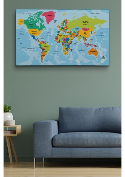 Türkçe Dünya Haritası Ülke Başkentli ve Okyanuslu Dekoratif Kanvas Tablo 2244
