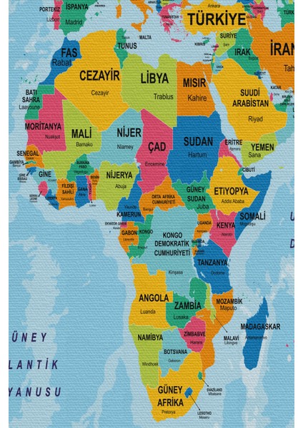 Türkçe Dünya Haritası Ülke Başkentli ve Okyanuslu Dekoratif Kanvas Tablo 2244 modelleri