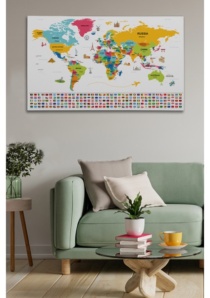 Dünya Haritası Ülke Bayraklı ve Başkentli Kanvas Tablo 1951