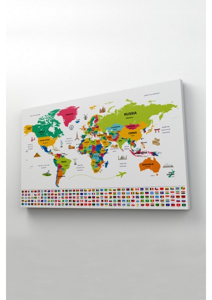 Dünya Haritası Ülke Bayraklı ve Başkentli Kanvas Tablo 1951 fiyatları