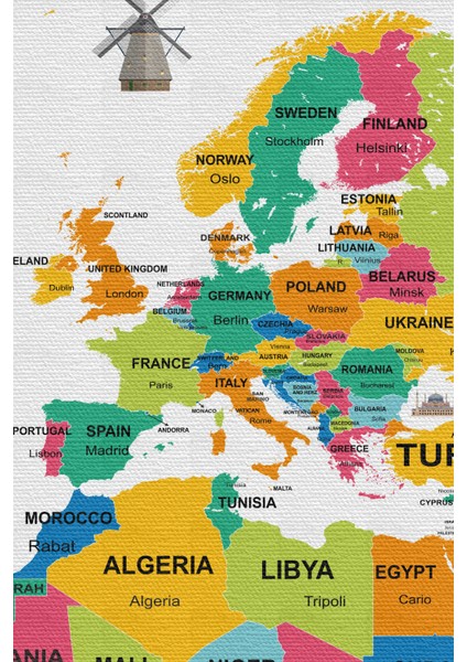 Dünya Haritası Ülke Bayraklı ve Başkentli Kanvas Tablo 1951 fırsatları