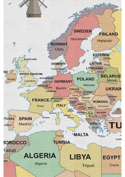Lilafil Dünya Haritası Ülke Bayraklı ve Başkentli Kanvas Tablo 1945
