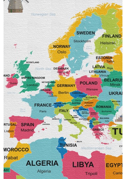 Dünya Haritası Ülke Bayraklı ve Başkentli Kanvas Tablo 1949