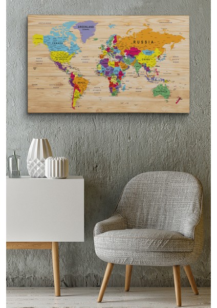 Ahşap Görünümlü Dünya Haritası Ayrıntılı ve Dekoratif Kanvas Tablo 1790