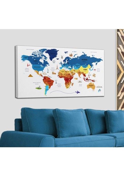 Dünya Haritası Dekoratif Kanvas Tablo Ülke ve Başkentli Öğretici ve Sembollü 2267