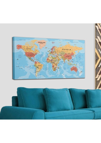 Dünya Haritası Kanvas Tablo Çok Ayrıntılı Dekoratif ve Okyanuslu 2163