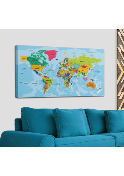Dünya Haritası Türkçe Kanvas Tablo Ayrıntılı Dekoratif-Okyanuslu 2172
