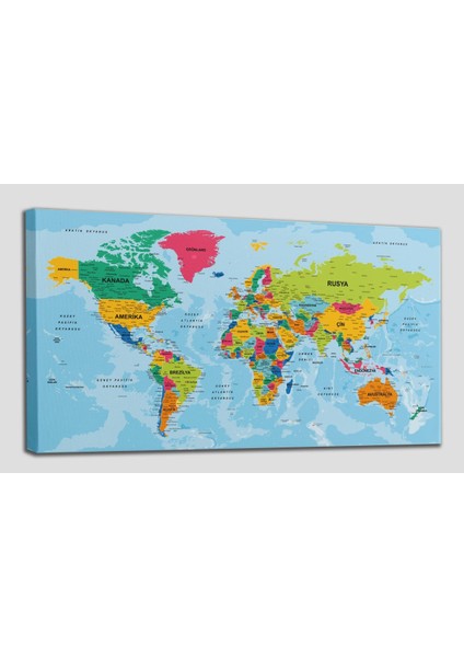 Dünya Haritası Türkçe Kanvas Tablo Ayrıntılı Dekoratif-Okyanuslu 2172 fiyatları