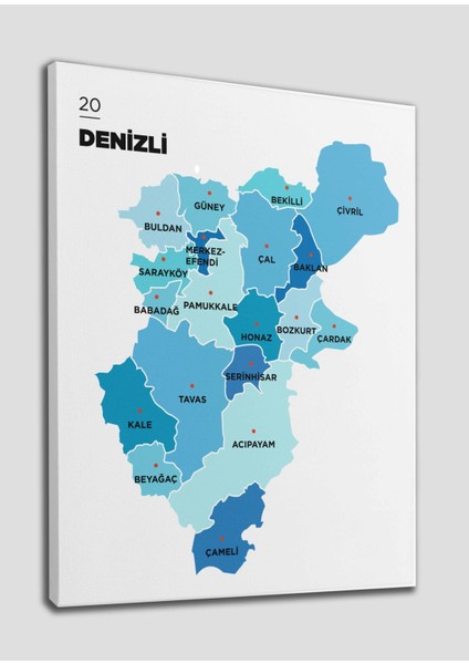 Denizli Ili ve Ilçeler Haritası Dekoratif Kanvas Tablo 1320