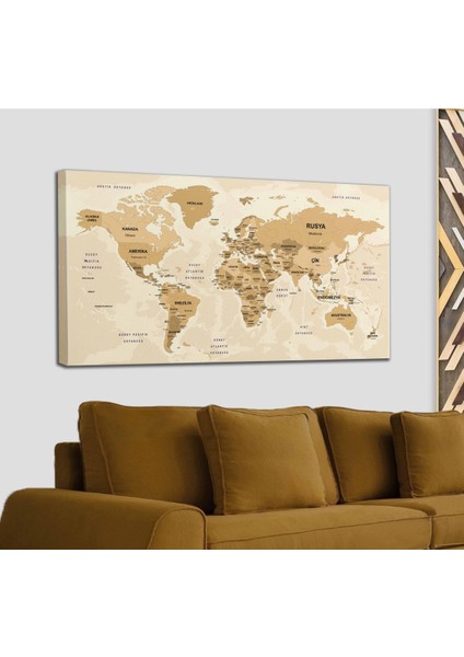 Türkçe Dünya Haritası Kanvas Tablo Ülke Başkentli ve Okyanus Detaylı Dekoratif Tablo 2764