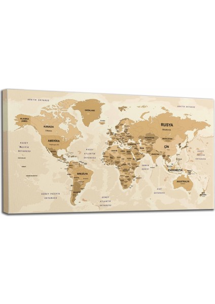 Türkçe Dünya Haritası Kanvas Tablo Ülke Başkentli ve Okyanus Detaylı Dekoratif Tablo 2764 fiyatları