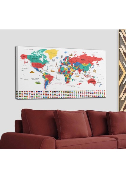 Türkçe Dünya Haritası Ayrıntılı Eğitici-Öğretici Sembollü Bayraklı Dekoratif Kanvas Tablo 2866