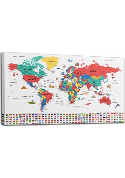 Türkçe Dünya Haritası Ayrıntılı Eğitici-Öğretici Sembollü Bayraklı Dekoratif Kanvas Tablo 2866 fiyatları
