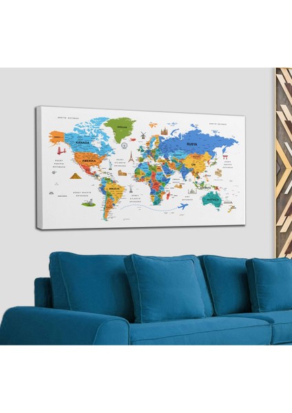 Türkçe Dünya Haritası Son Derece Ayrıntılı Eğitici-Öğretici ve Sembollü Dekoratif Kanvas Tablo 3232