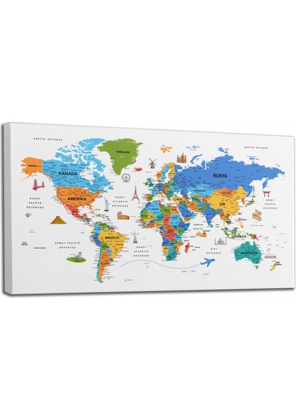 Türkçe Dünya Haritası Son Derece Ayrıntılı Eğitici-Öğretici ve Sembollü Dekoratif Kanvas Tablo 3232 fiyatları