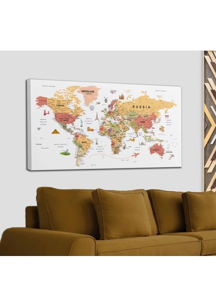 Dünya Haritası Son Derece Ayrıntılı Eğitici-Öğretici ve Sembollü Dekoratif Kanvas Tablo 3205