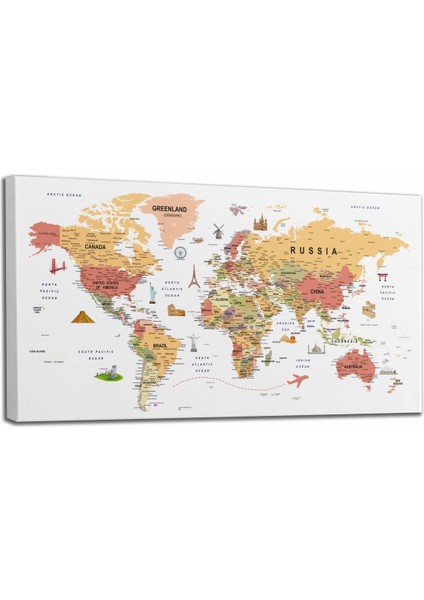 Dünya Haritası Son Derece Ayrıntılı Eğitici-Öğretici ve Sembollü Dekoratif Kanvas Tablo 3205 fiyatları