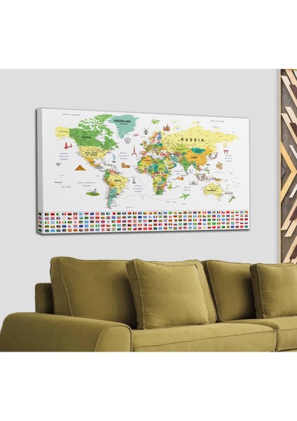 Dünya Haritası Ayrıntılı Eğitici-Öğretici Sembollü Bayraklı Dekoratif Kanvas Tablo 2847