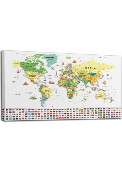 Dünya Haritası Ayrıntılı Eğitici-Öğretici Sembollü Bayraklı Dekoratif Kanvas Tablo 2847 fiyatları