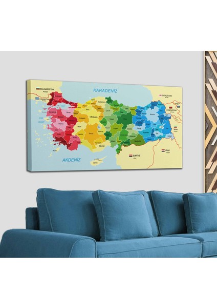 Türkiye Haritası Kanvas Tablo Sınır Komşulu Eğitici ve Öğretici Dekoratif Tablo 3105