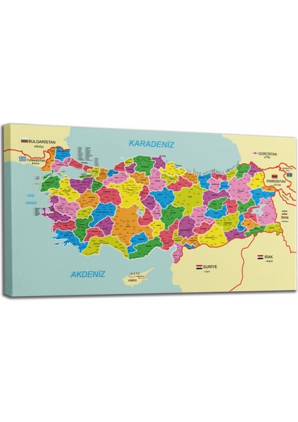 Türkiye Haritası Kanvas Tablo Il ve Ilçeli Ayrıntılı Eğitici-Öğretici Komşulu Dekoratif Tablo 3001