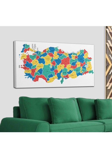 Türkiye Haritası Kanvas Tablo Il ve Ilçeli Ayrıntılı Eğitici-Öğretici Dekoratif Tablo 3047