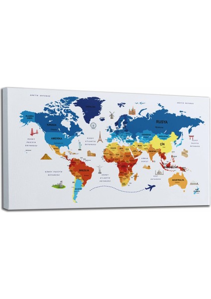Türkçe Dünya Haritası Kanvas Tablo Ülke Başkentli ve Ünlü Yerler Sembollü Dekoratif 2640 fiyatları