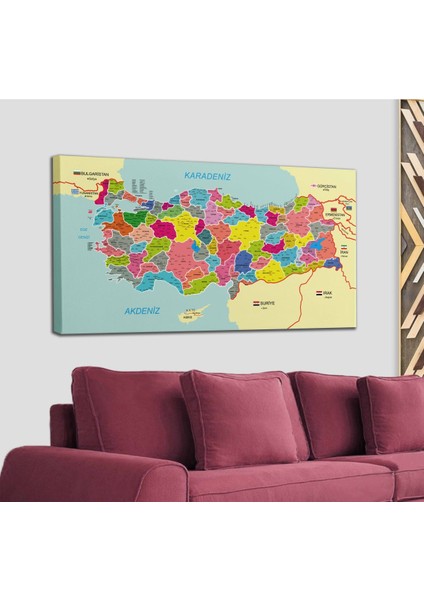 Türkiye Haritası Kanvas Tablo Il ve Ilçeli Ayrıntılı Eğitici-Öğretici Komşulu Dekoratif Tablo 2996