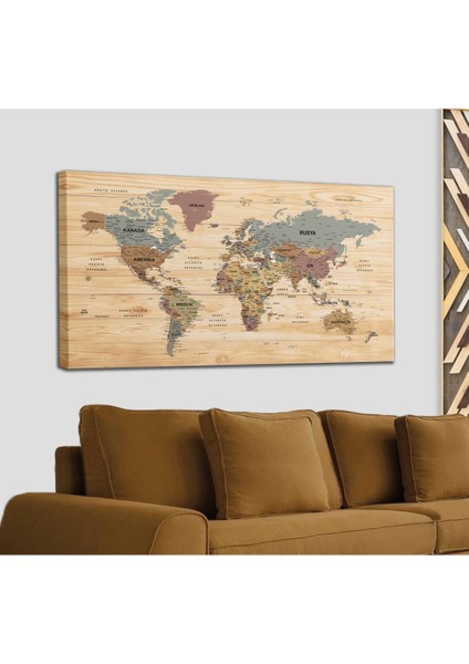 Ahşap Görünümlü Türkçe Dünya Haritası Son Derece Ayrıntılı Eğitici ve Dekoratif Kanvas Tablo 2991 fiyatları