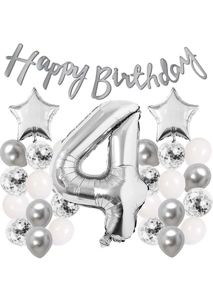 Gümüş Konsept 4 Yaş Doğum Günü Kutlama Seti Beyaz Gümüş Konfetili Balon Rakam Yıldız Folyo ve Banner