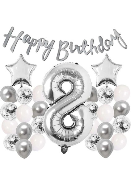 Gümüş Konsept 8 Yaş Doğum Günü Kutlama Seti Beyaz Gümüş Konfetili Balon Rakam Yıldız Folyo ve Banner