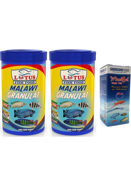 Malawi  granulat 2X250 ml Kutu Akvaryum Yüksek Protein Balık Yemi ve Fishvit