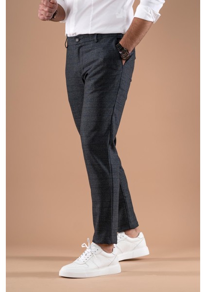 Slimfit Beli Lastikli Ekoseli Kışlık Kumaş Pantolon