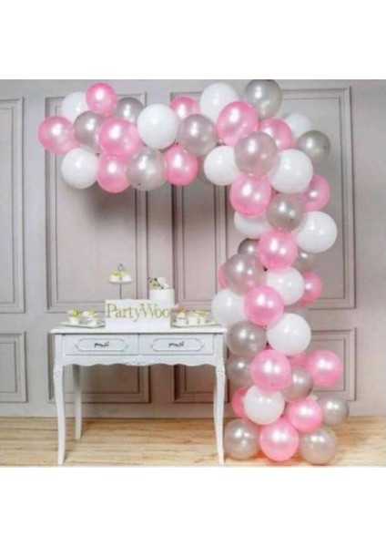 50 Adet Parti Balonu Metalik Pembe Metalik Beyaz Metalik Gümüş + 5 mt Balon Zinciri